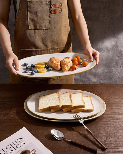 famiware Serving Platter, Oval 15.59/14.3/12.9inch Serving Dishes for Entertaining, Serving Bowls, Microwave Safe, Stoneware Serving Trays for Party, Food, Turkey, Cheese, Ocean Series, Vanilla White