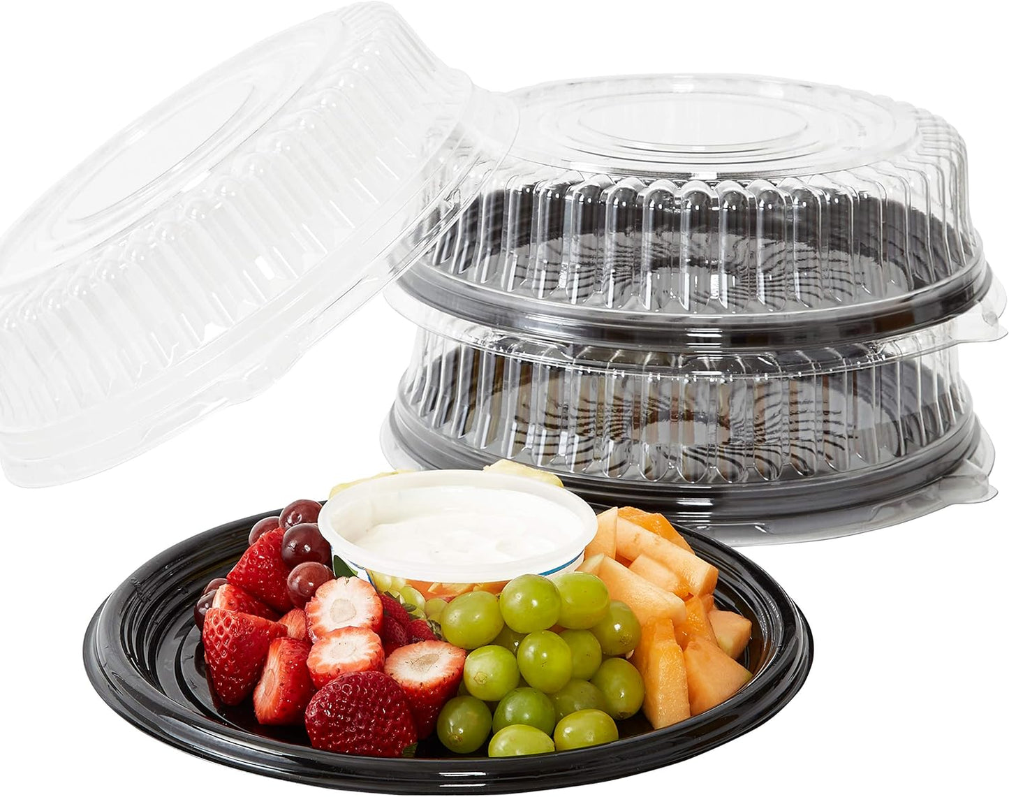 Avant Grub Heavy Duty, Recyclable 12 in. Serving Tray and Lid 5pk. Large, Black Plastic Party Platters with Clear Lids Dishware Plate, Elegant Round Banquet or Catering Trays for Serving Appetizers