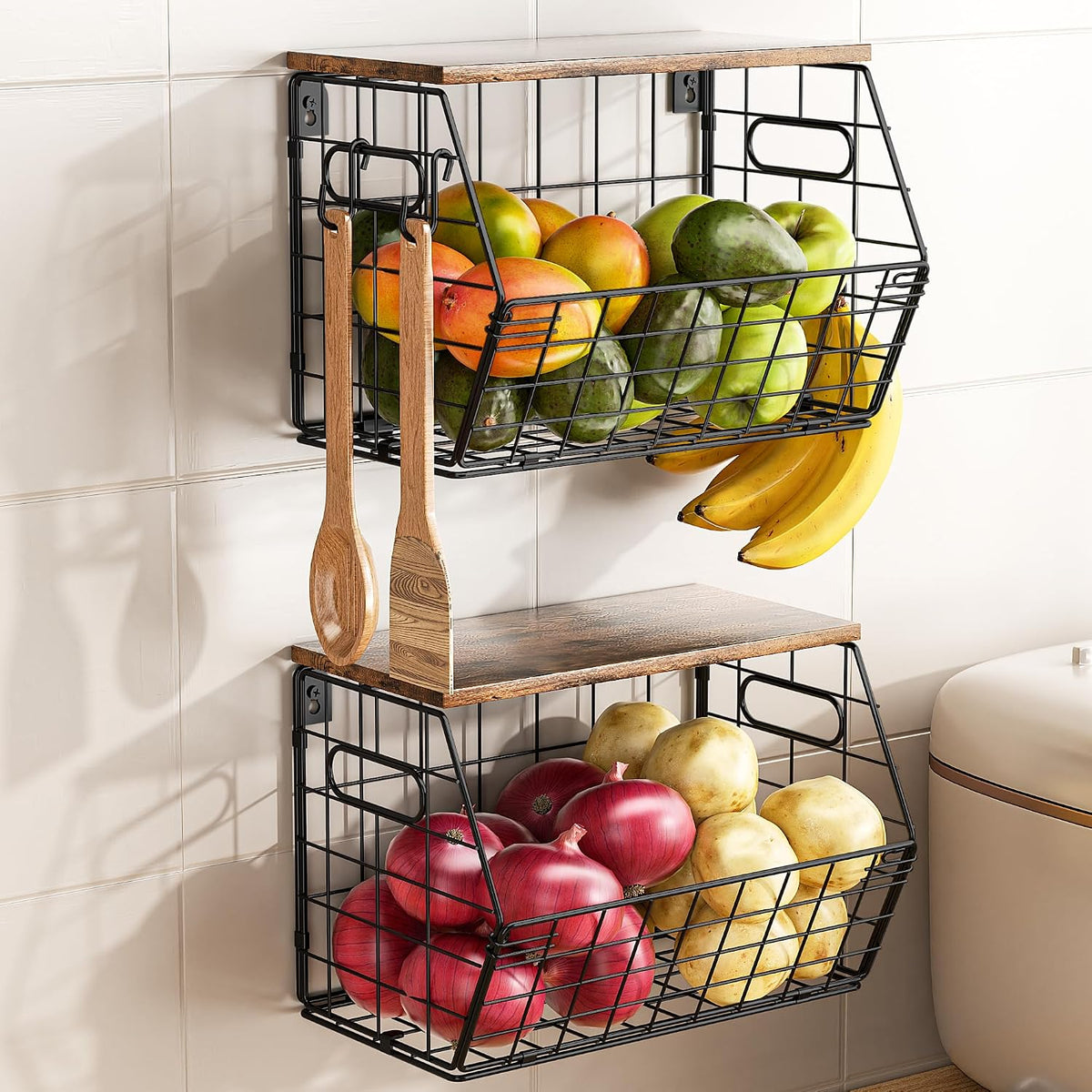 Delamu Stackable Metal Fruit Basket with Wood Lid 3 Pack, Hanging Wall Organizer for Kitchen Counter, Pantry Storage for Onions, Potatoes, Garli, Fruits, Spices, Black