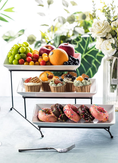 LYEOBOH 3 Tier Serving Bowls Set Tiered Serving Stand, Porcelain Oval Bowls with Collapsible Metal Stand for Entertaining, Party, Dessert Display, Candy, Chip and Dip (Gold)-45oz / 17.5oz / 7oz