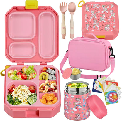 wiwens Bento Lunch Box for Kids with 12oz Soup Thermo Leak-Proof Lunch Food Container with 5 Compartment Thermo Hot Food Jar and Insulated Lunch Bag for Kid Toddler Girls Boys to School