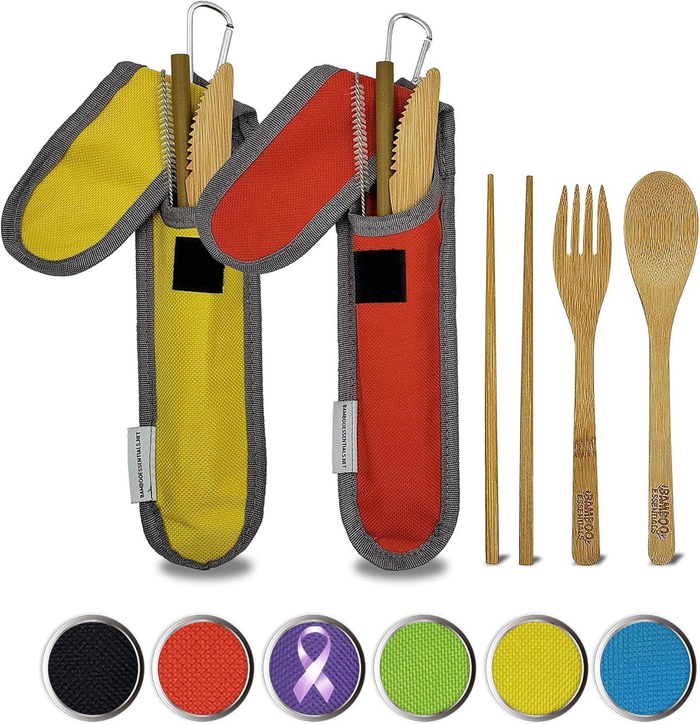 Travel Utensils with Case Set Fork, Knife, Spoon, Chopsticks, Straw, Straw-cleaning brush, Travel Pouch and Carabiner, Excellent For Everyday Use! ((1Set) Sky Blue)