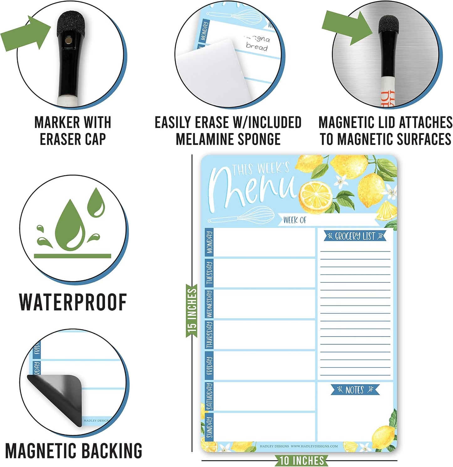 Hadley Designs Lemon Magnetic Weekly Meal Planner Dry Erase Board for Refrigerator - Weekly Dinner Menu Board for Kitchen Conversion Chart Magnet, Grocery List