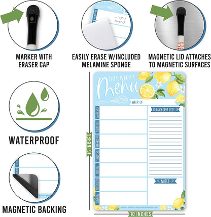 Hadley Designs Lemon Magnetic Weekly Meal Planner Dry Erase Board for Refrigerator - Weekly Dinner Menu Board for Kitchen Conversion Chart Magnet, Grocery List