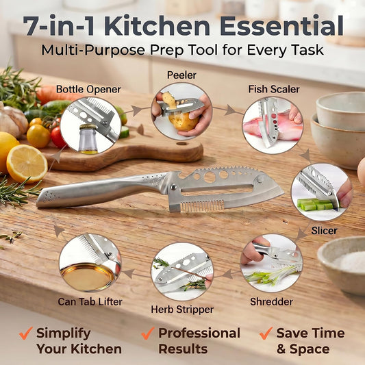 7-in-1 Stainless Steel Vegetable Peeler Shredder, Multi Function Julienne Peeler for Kitchen, Potato Peeler with Scallion Shredder, Herb Stripper, Fish Scaler, Bottle Opener
