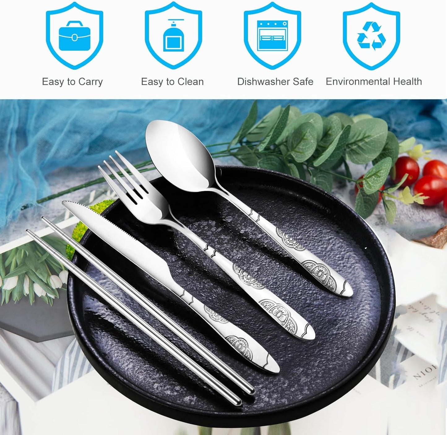Portable Silverware Set with Case, Lengnoyp Travel Camping Utensils Set, Premium Stainless Steel Travel Cutlery Set