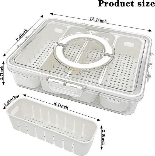 2Pack Divided Serving Tray with Lid and Handle Portable Snackle Box Charcuterie Container Clear Stackable food Organizer for Fruits Veggies for Fridge Party (2 Pack 4 Compartment with Handle)