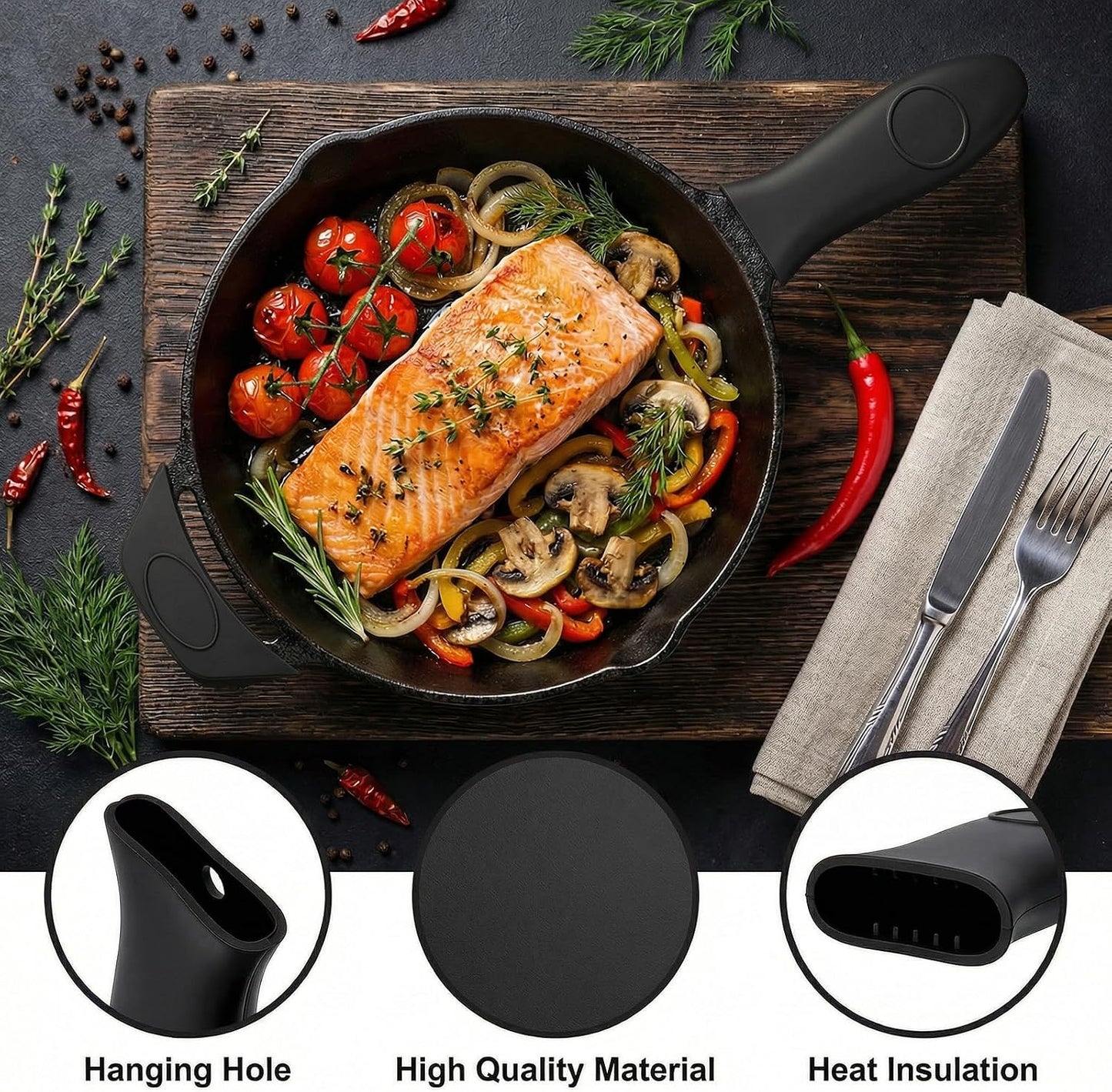2pcs cast Iron Handle, Silicone Handle for Cast Iron Skillet, Heat-Resistant Cast Iton Handles Sleeve for Frying Pan Cast Irons Skillet Griddle Cookware,Black
