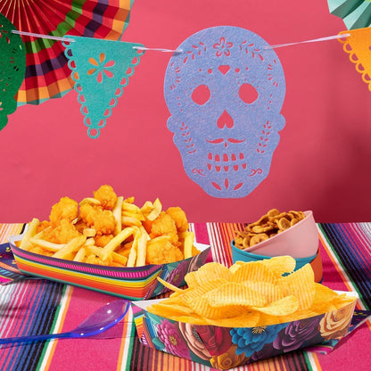 Mexican Taco Nights Food Trays - 60Pcs Mexican Flowers Wavy Edge Unassembled Tray Nacho Snack Candy Holder Disposable Paper Plate Holiday Birthday Carnival Party Supplies Food Container