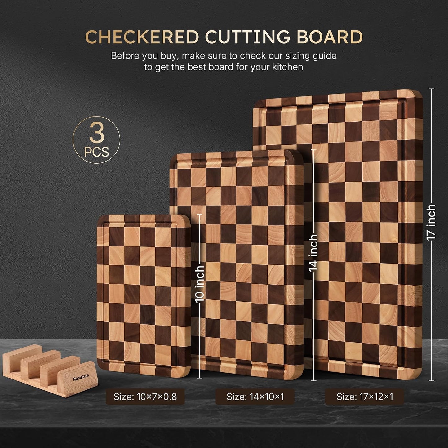 3 Packs Cutting Boards for Kitchen Checkered Cutting Board Acacia Wood Charcuterie Board Serving Heavy Duty Non Toxic Slip Butcher Block Wood Chopping Board with Juice Grooves Handles