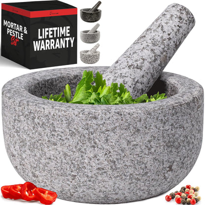 Priority Chef Heavy Duty Large 1.5 Cup Mortar and Pestle Set, 100% Natural Granite, 5.5 Inch Diameter Bowl, 6.2 Inch Pestle, Non-Slip Base, Stone Grinder for Guacamole Salsa Pesto Herbs Spices, Black