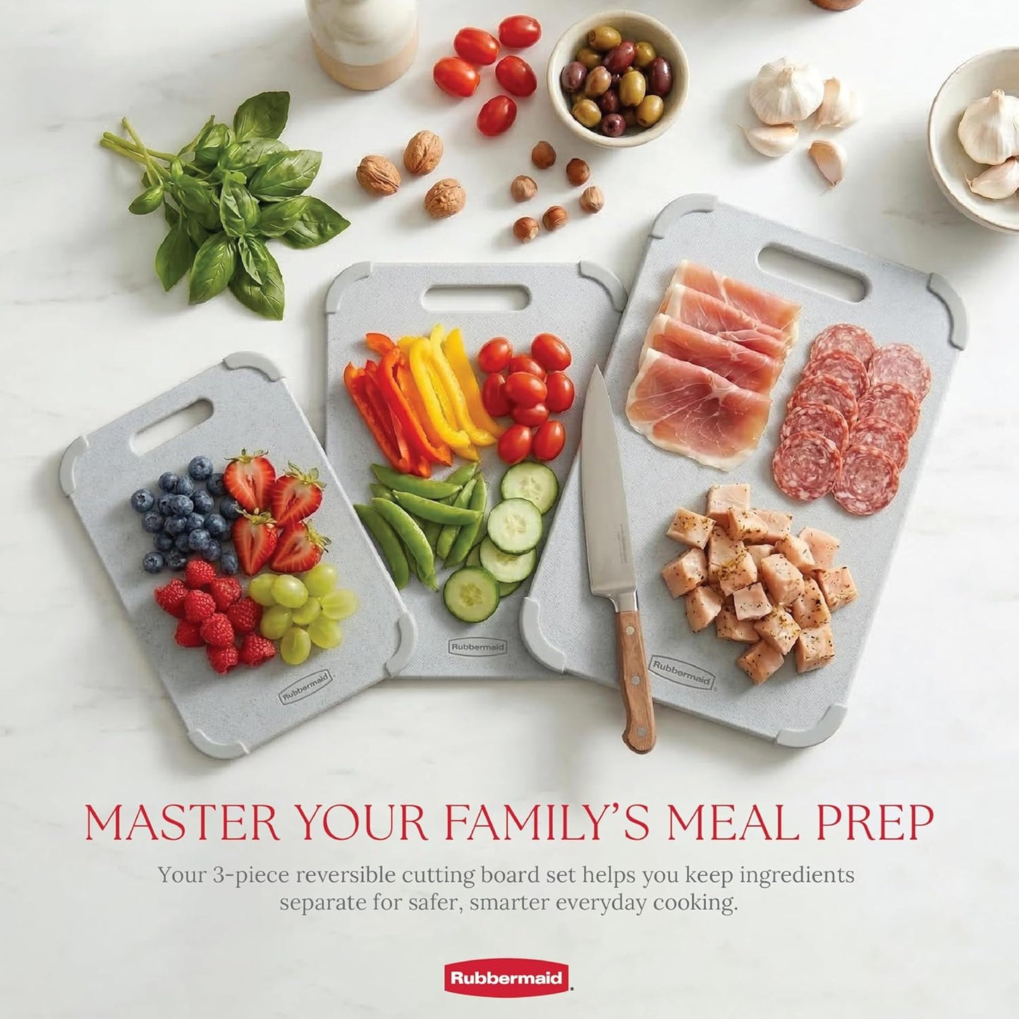 Rubbermaid 3pc Reversible Wheat Fiber Cutting Board Set | Cutting Boards for Kitchen – Dishwasher Safe, Non-Slip Corners, Lightweight & Easy To Store- Large Cutting Board for Meat, Veggies & Fruits