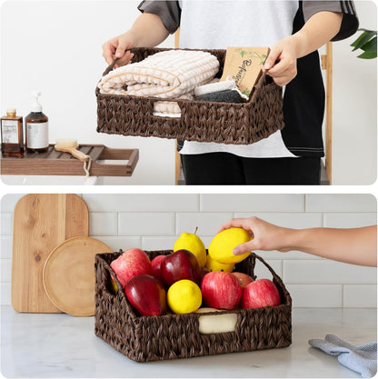 GRANNY SAYS Wicker Storage Baskets for Shelves, Trapezoid Woven Basket with Handles, Storage Wicker Baskets for Pantry, Water Hyacinth, 2-Pack