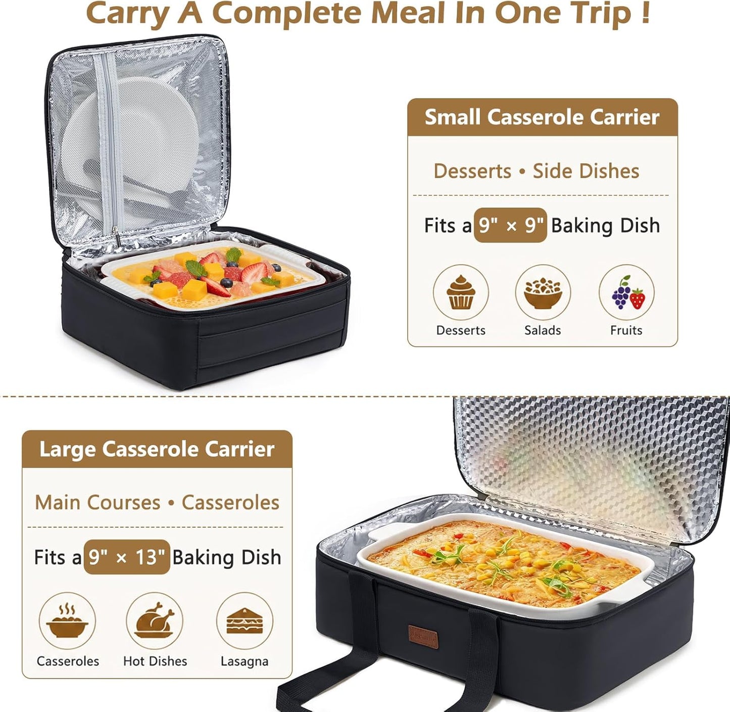 2-Piece Insulated Casserole Carrier Set, Fits 9" x 13" Baking Dish, Food Transport Carrier for Hot & Cold Dishes, Reusable Potluck Tote for Thanksgiving, Holiday Parties, Family Gatherings & Travel