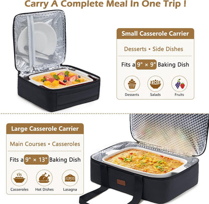 2-Piece Insulated Casserole Carrier Set, Fits 9" x 13" Baking Dish, Food Transport Carrier for Hot & Cold Dishes, Reusable Potluck Tote for Thanksgiving, Holiday Parties, Family Gatherings & Travel