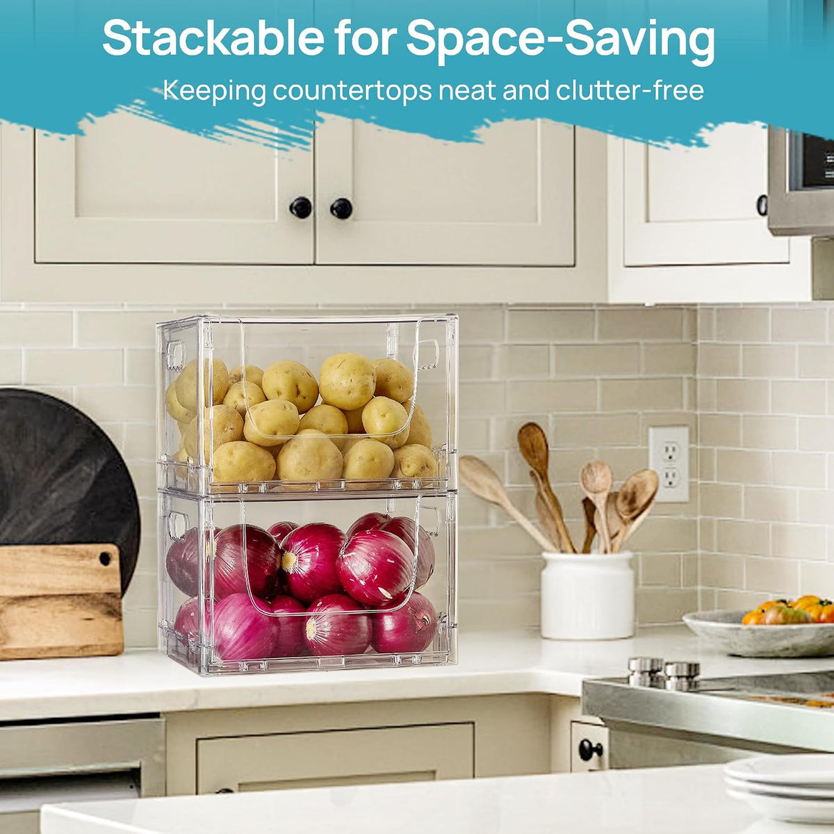 Vtopmart 2 Pack Large Foldable Open Front Storage Bins with Lids for Potato and Onion, Stackable Clear Plastic Container Organizer for Pantry, Kitchen, Cabinet, Bathroom, Closet Organization