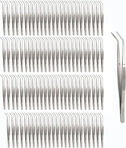 6 Inch Professional Culinary Stainless Steel Precision Tongs with Angled Serrated Tips, Plating/Food Presentation Detailing Serving Tongs, Chef's Kitchen Tweezer Tongs - Ultra Non-Slip Grip