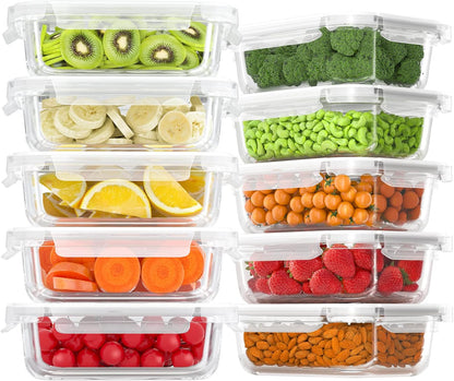 Bayco 10 Pack Glass Meal Prep Containers, Glass Food Storage Containers with Lids, Airtight Lunch Bento Boxes, BPA-Free & Leak Proof (10 lids & 10 Containers) - White