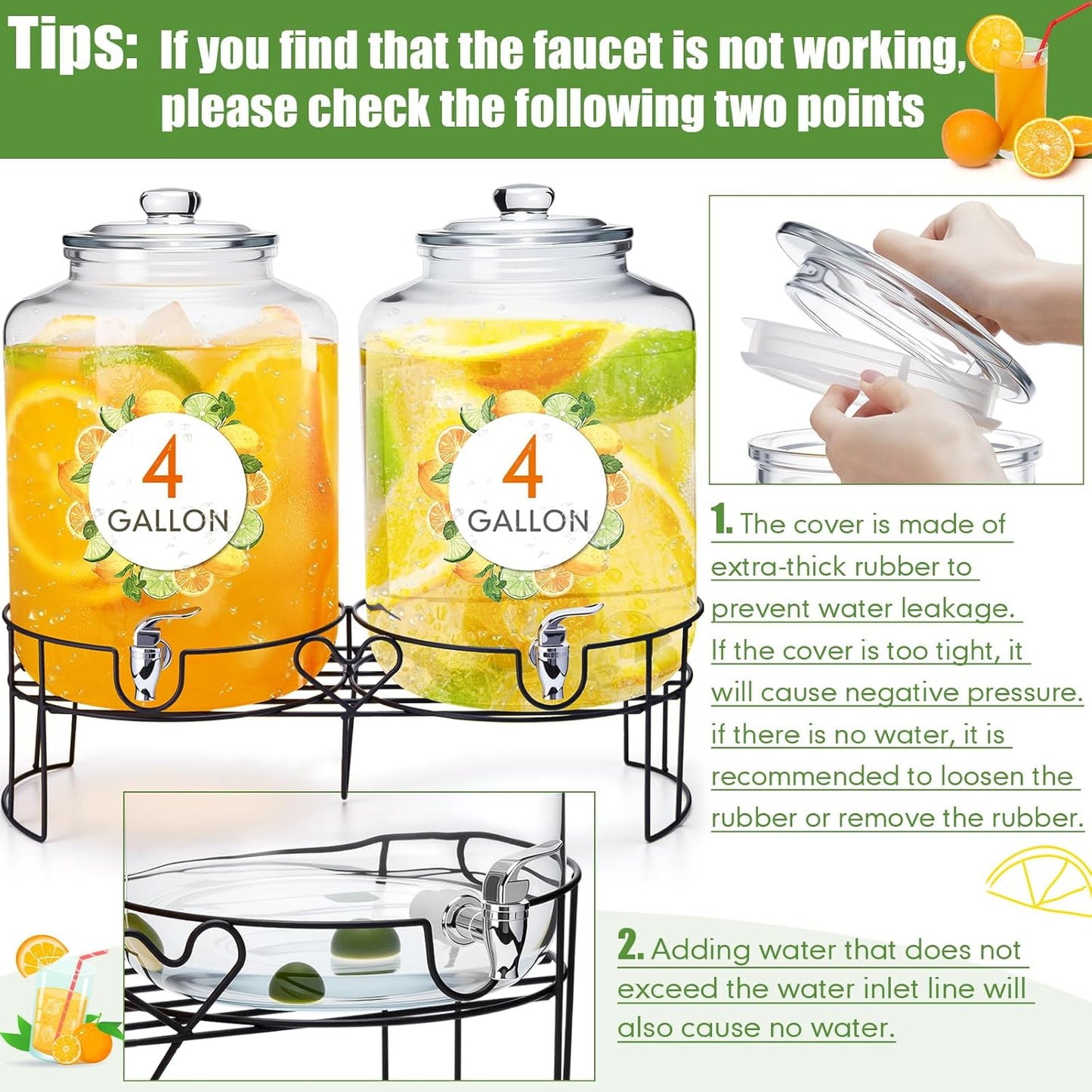 Honeydak 2 Pack 3 Gallon Glass Drink Dispenser for Parties Glass Beverage Dispenser with Stand and Spigot Leakproof Iced Water Storage Lemonade Juice Jar Mason with Lids for Wedding Parties Kitchen