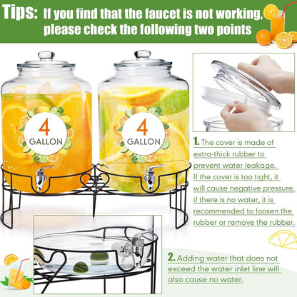 Honeydak 2 Pack 3 Gallon Glass Drink Dispenser for Parties Glass Beverage Dispenser with Stand and Spigot Leakproof Iced Water Storage Lemonade Juice Jar Mason with Lids for Wedding Parties Kitchen