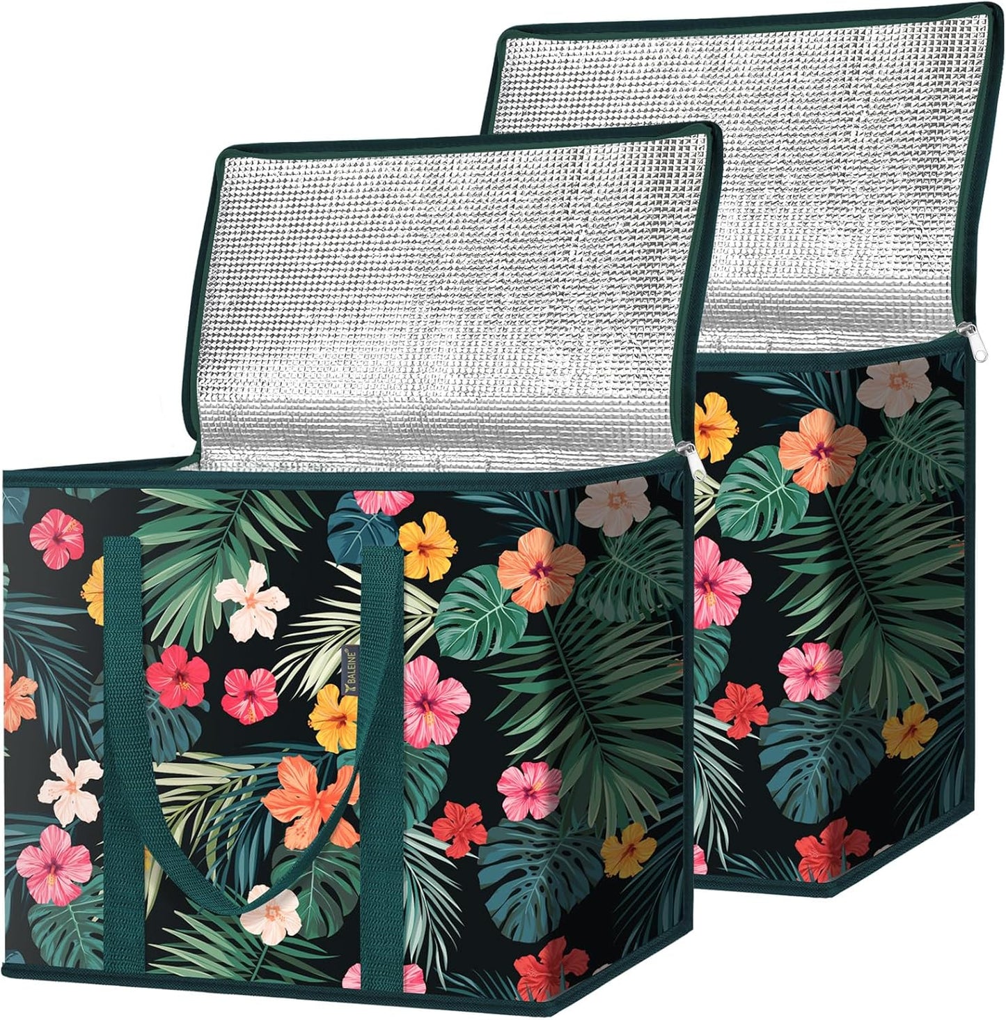 BALEINE 2Pk Insulated Reusable Grocery Bags, Collapsible Cooler Bag for Groceries, Heavy Duty Large Insulated Bag (16''x9''x13'', Antique Foliage)