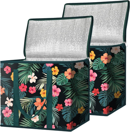 BALEINE 2Pk Insulated Reusable Grocery Bags, Collapsible Cooler Bag for Groceries, Heavy Duty Large Insulated Bag (16''x9''x13'', Antique Foliage)