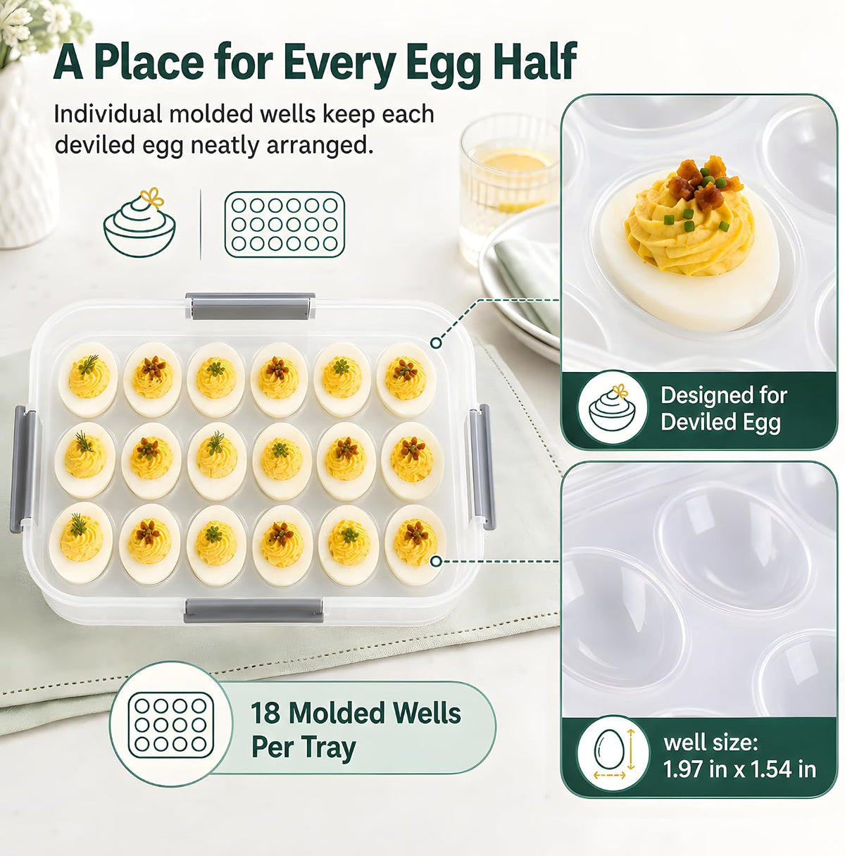 Deviled Egg Container with Lid, 54-Slot Carrier, Green, 3 Tier