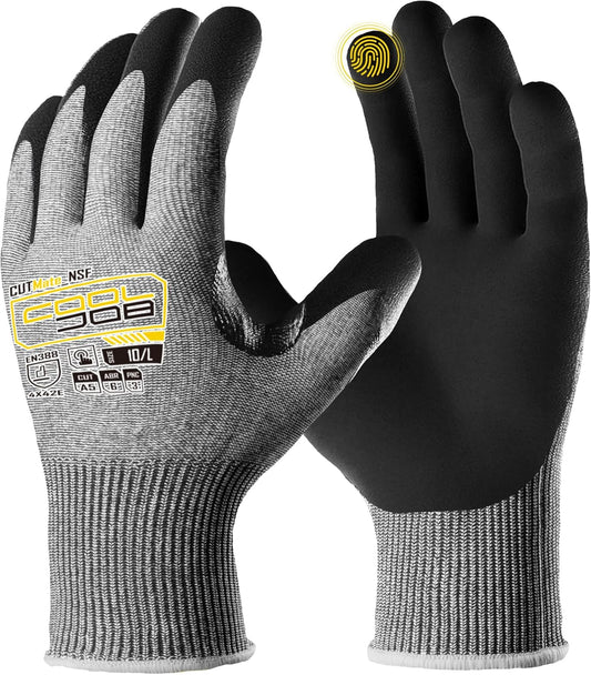 COOLJOB ANSI A5 Cut Resistant Gloves - 1/3/12 Pairs, Nitrile Rubber Dipped Safety Work Gloves for Men, Knife Proof with Grip Coating for Construction Warehouse Glass Wood Work, Grey Medium