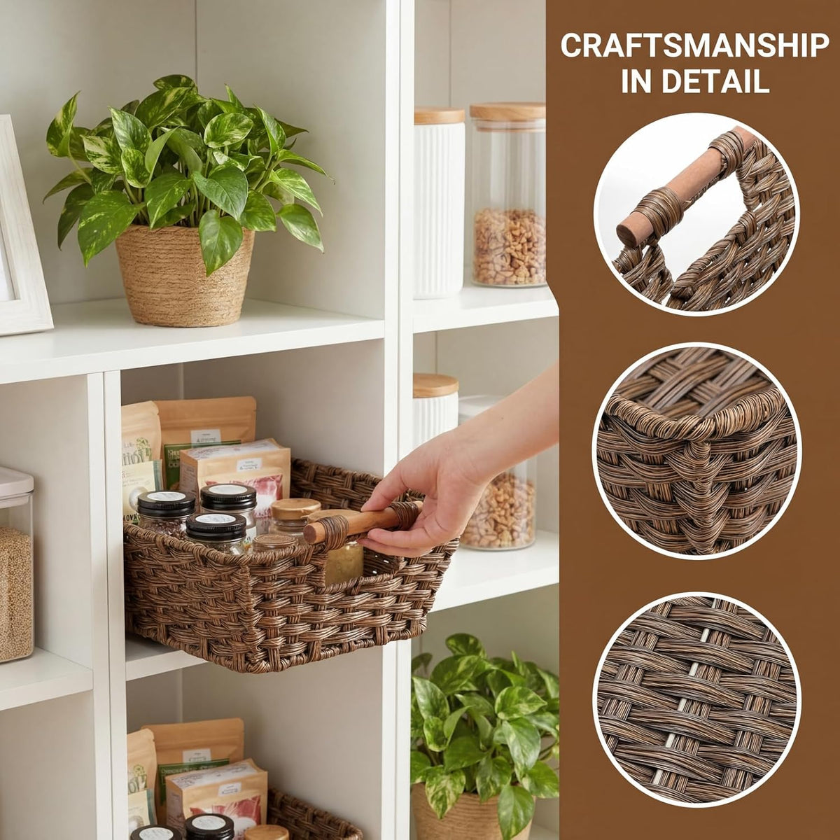 2 Pack Brown Wicker Storage Basket, Metal Frame Hand Woven Organizer Bin with Handle, 14.6"L x 10.7"W x 5"H Waterproof Rattan Laundry Organizer Totes for Pantry, Living Room, Bathroom