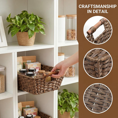 2 Pack Brown Wicker Storage Basket, Metal Frame Hand Woven Organizer Bin with Handle, 14.6"L x 10.7"W x 5"H Waterproof Rattan Laundry Organizer Totes for Pantry, Living Room, Bathroom