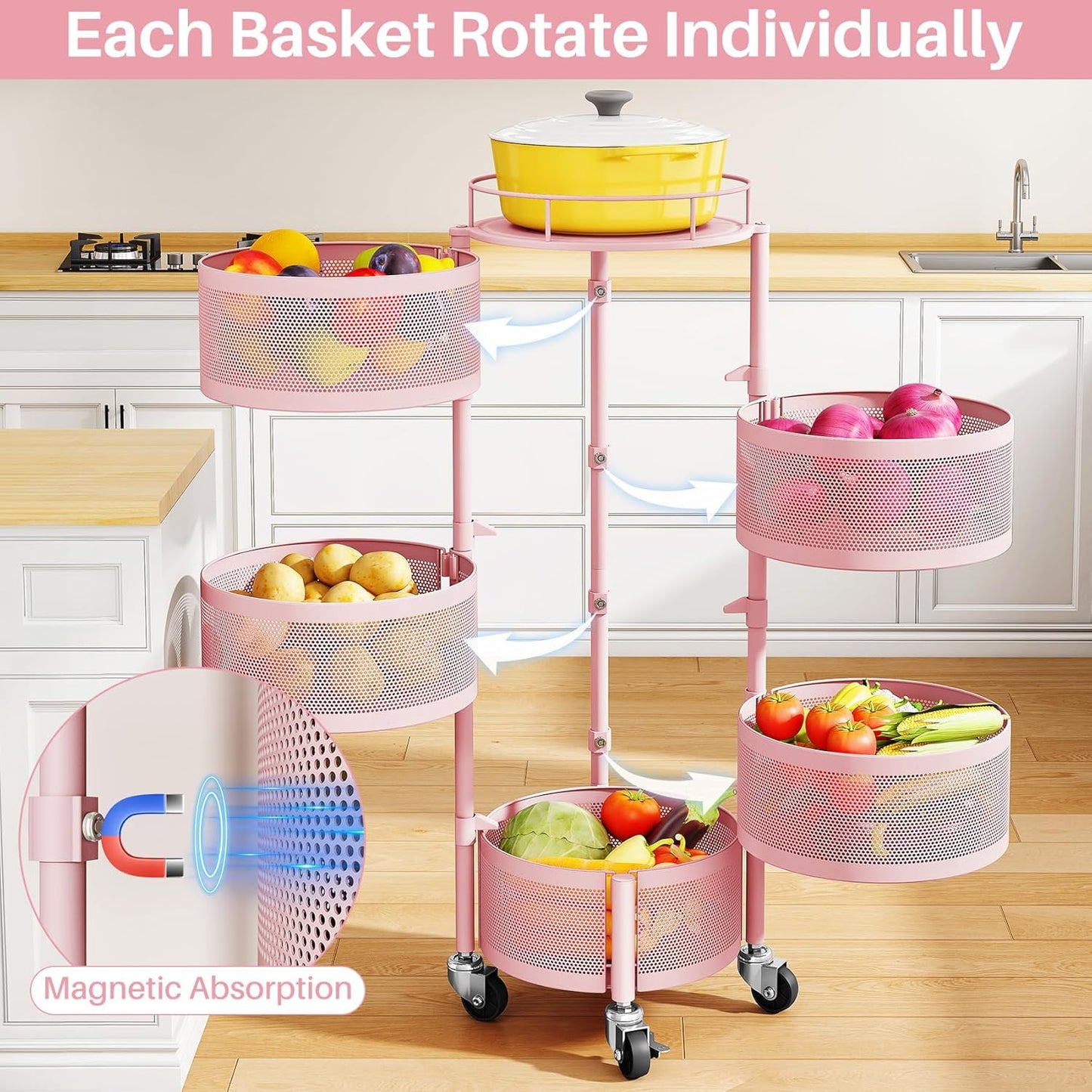 SNTD Fruit and Vegetable Basket Bowls for Kitchen with Metal Top Lid, 5 Tier Rotating Storage Rack Cart for Potato Onion Bread Banana, Wire Basket Organizer on Wheels, Large, Black