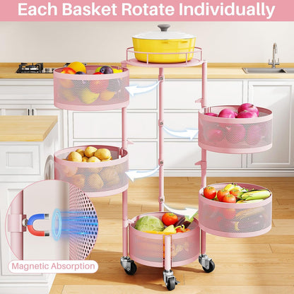 SNTD Fruit and Vegetable Basket Bowls for Kitchen with Metal Top Lid, 5 Tier Rotating Storage Rack Cart for Potato Onion Bread Banana, Wire Basket Organizer on Wheels, Large, Black