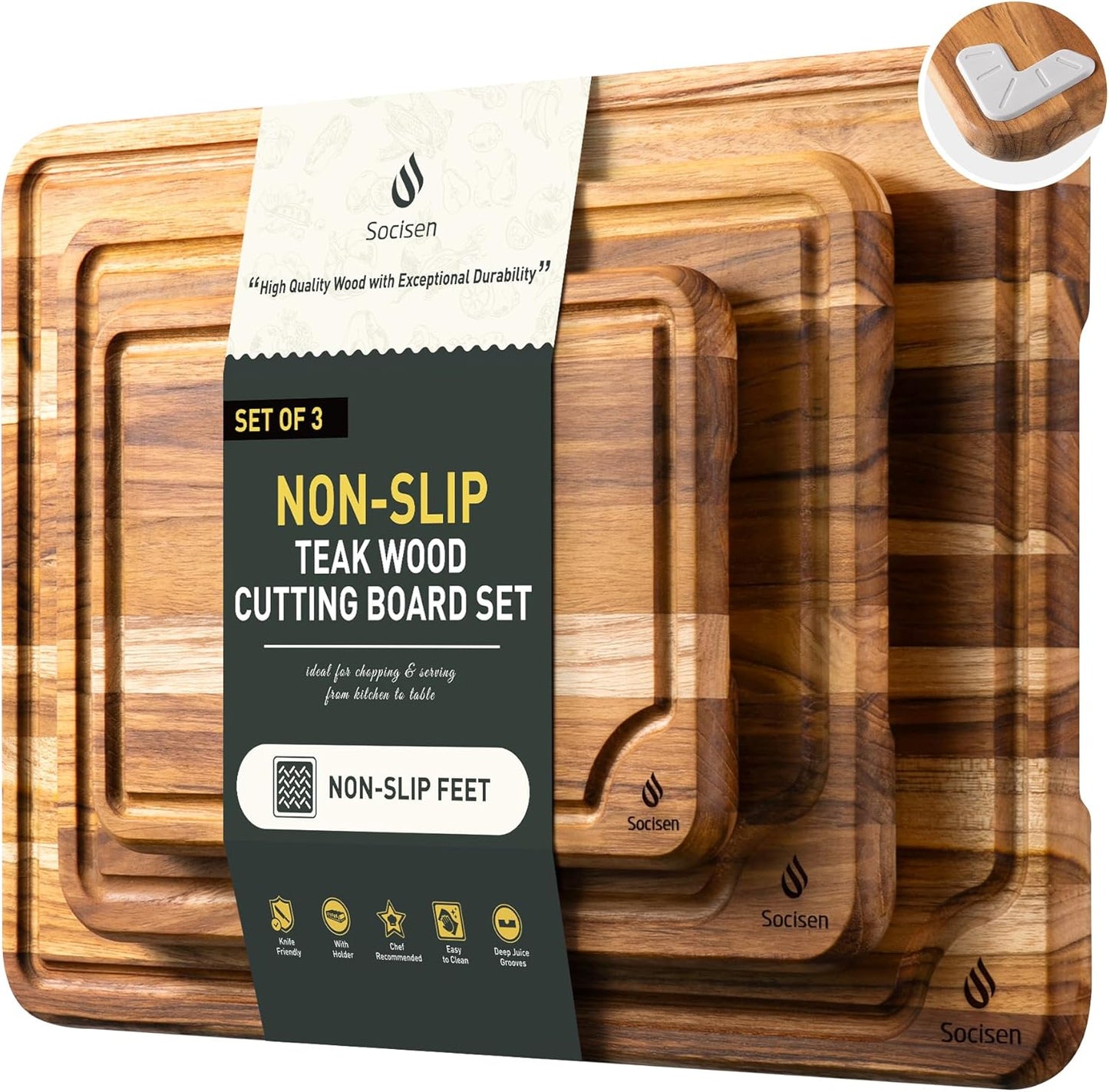 4 Pack Teak Wood Cutting Board Set for Kitchen Heavy Duty Non Toxic Non Slip Solid Thick Wood Haus Chopping Board Extra Large Big Small Meat Best Essential House Warming Hostess Host Gift