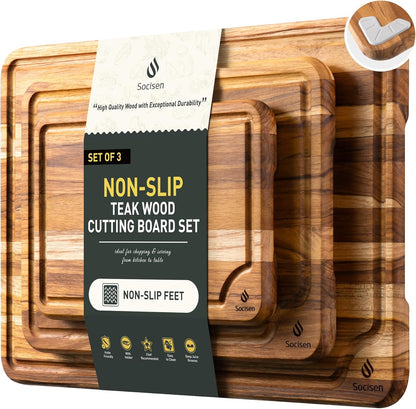 4 Pack Teak Wood Cutting Board Set for Kitchen Heavy Duty Non Toxic Non Slip Solid Thick Wood Haus Chopping Board Extra Large Big Small Meat Best Essential House Warming Hostess Host Gift