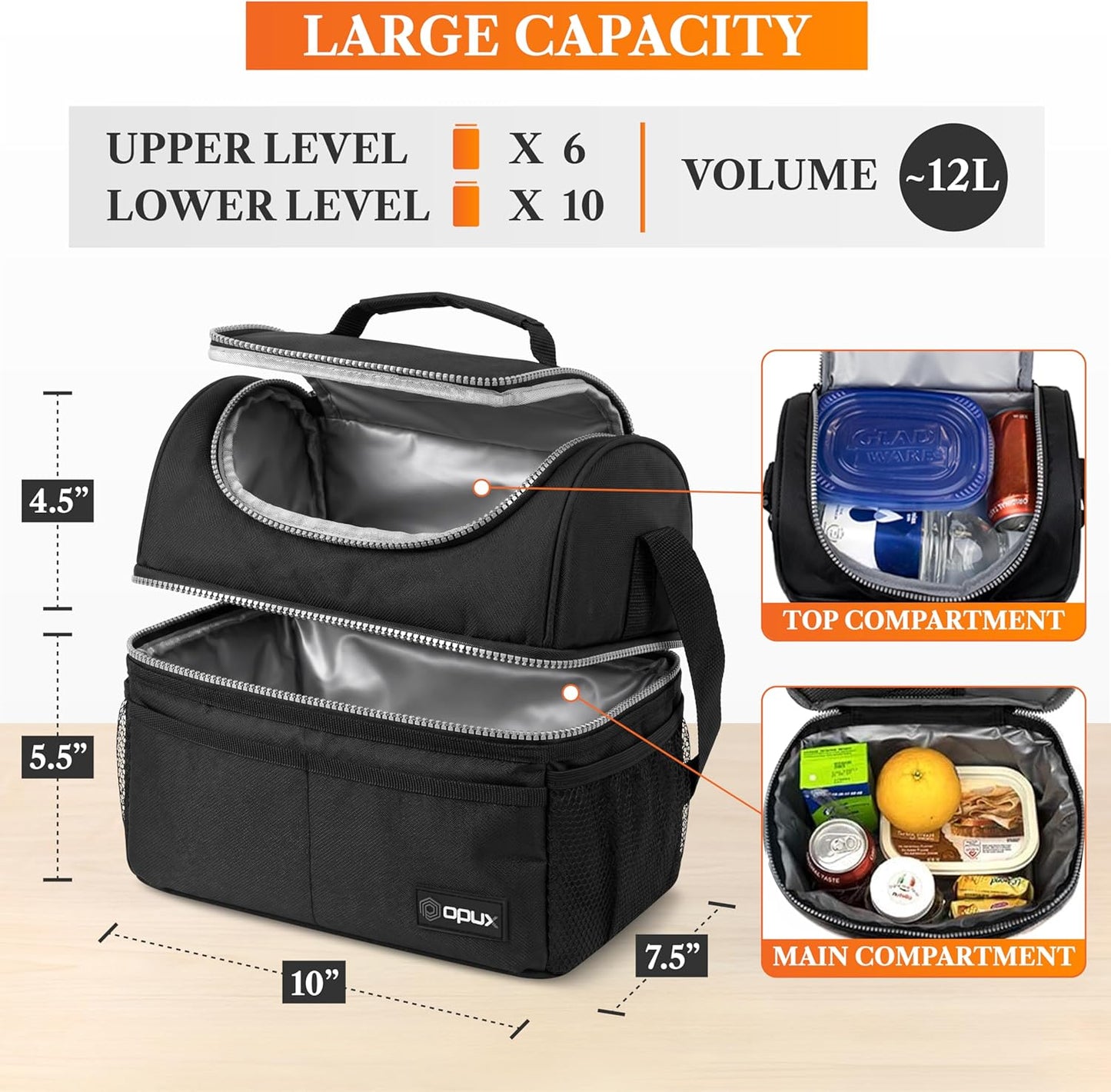 opux Insulated Lunch Bag for Men Women, Double Decker Leakproof Lunch Box Cooler Tote with Shoulder Strap, Large Lunchbox for Work School Travel Meal Prep, Adults Kids Boys Girls, Green, 16 Cans