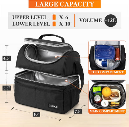 opux Insulated Lunch Bag for Men Women, Double Decker Leakproof Lunch Box Cooler Tote with Shoulder Strap, Large Lunchbox for Work School Travel Meal Prep, Adults Kids Boys Girls, Green, 16 Cans