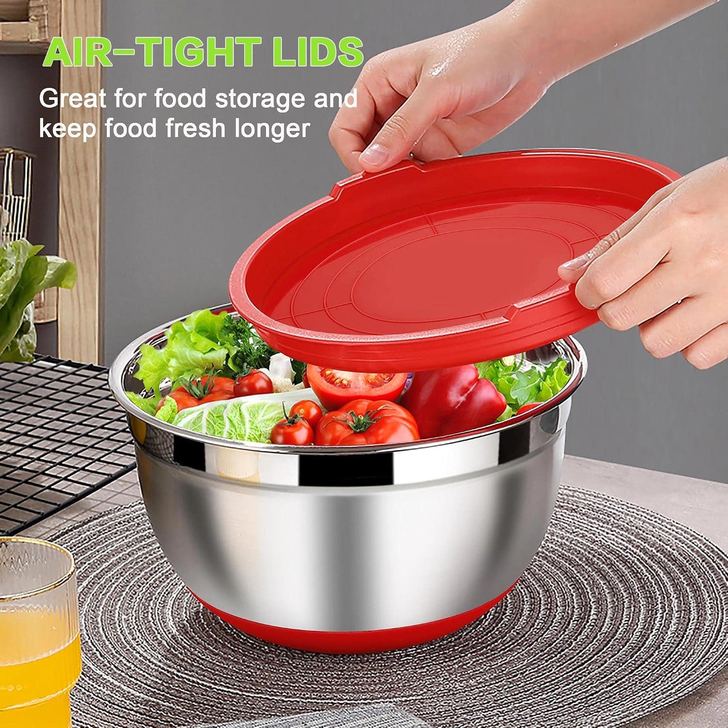 LIANYU Stainless Steel Mixing Bowls Sets of 6, Large 7, 3.5, 2.5, 2, 1.5, 1QT Size with Transparent Airtight Lids, Metal Nesting Serving Bowl Sets for Home Kitchen, Dishwasher & Freezer Safe, Black