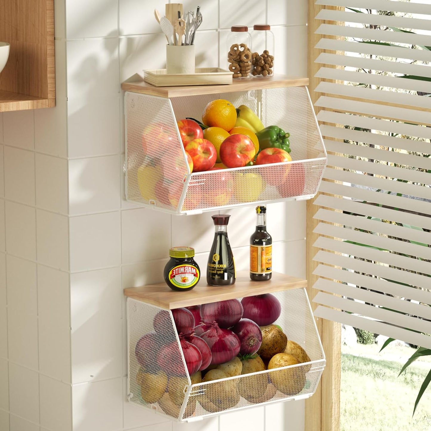 Stackable Fruit Basket for Kitchen Countertop Space Saving, Wall Mounted Mesh Metal Wire Baskets with Wood Lid Extra Storage, 2 Pack Kitchen Counter Organizer for Snack, Onion and Potato Storage