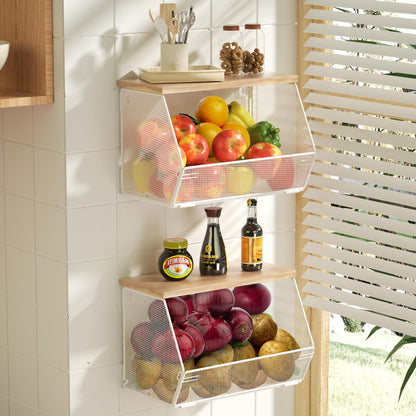 Stackable Fruit Basket for Kitchen Countertop Space Saving, Wall Mounted Mesh Metal Wire Baskets with Wood Lid Extra Storage, 2 Pack Kitchen Counter Organizer for Snack, Onion and Potato Storage