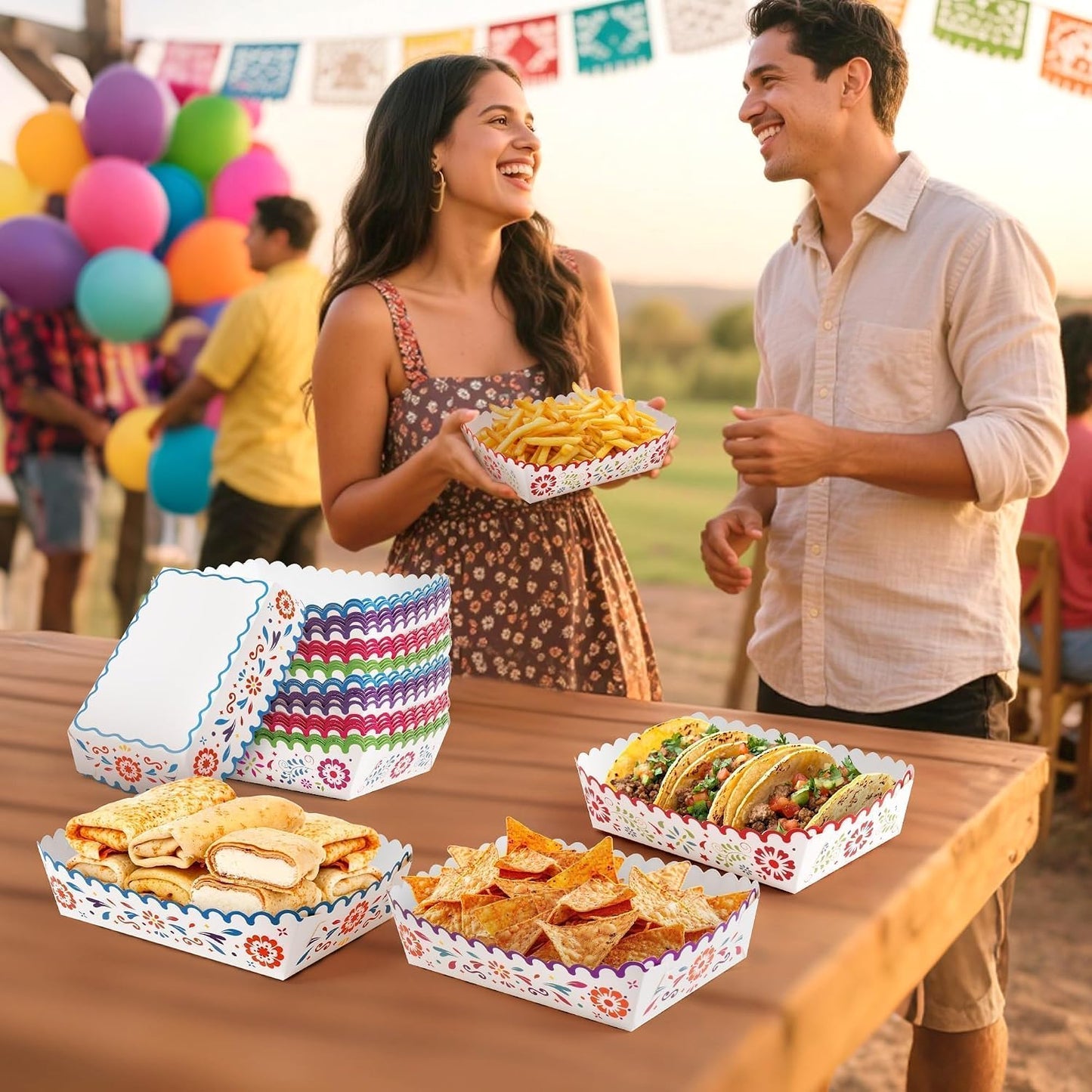Mexican Taco Nights Food Trays - 60Pcs Mexican Flowers Wavy Edge Unassembled Tray Nacho Snack Candy Holder Disposable Paper Plate Holiday Birthday Carnival Party Supplies Food Container