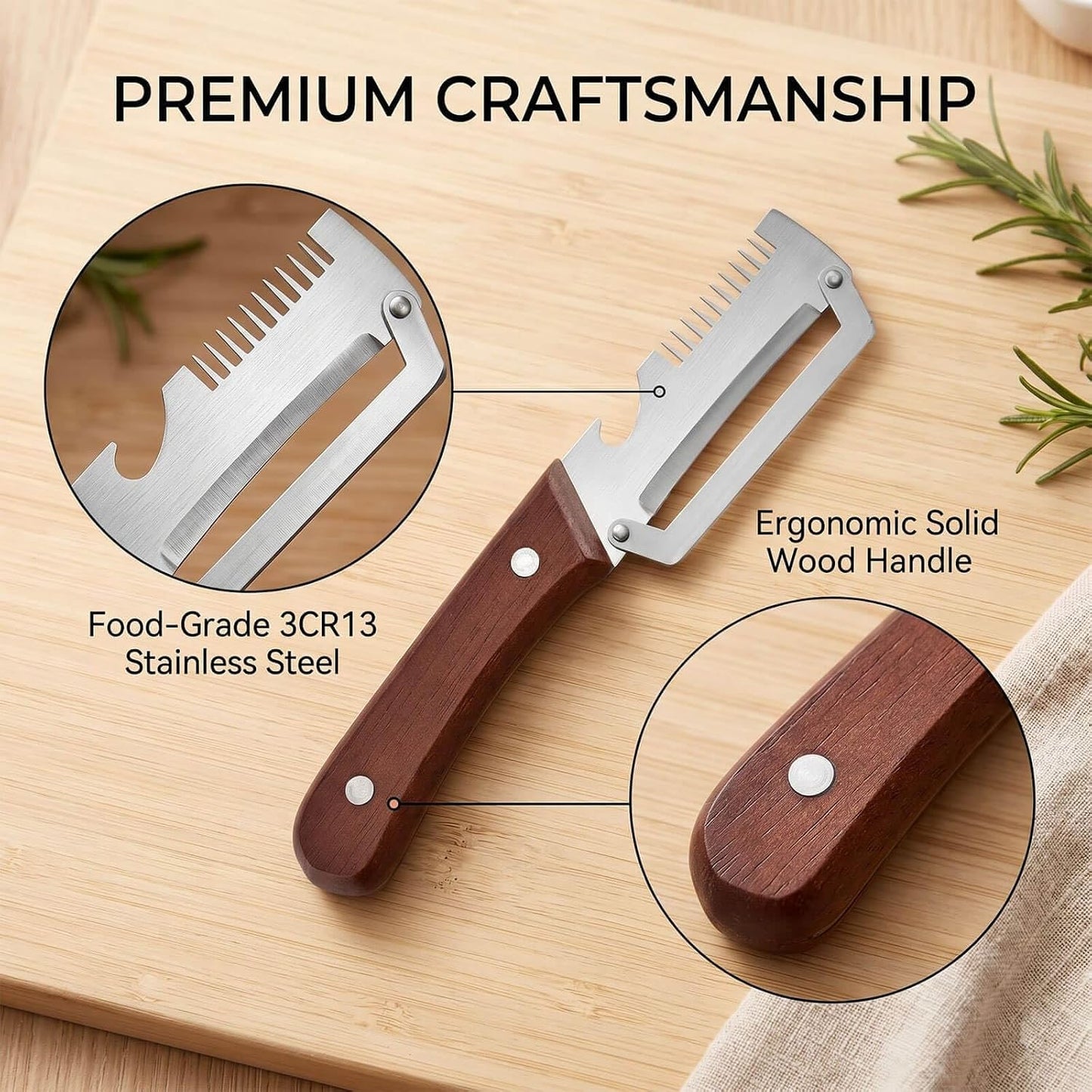 3-in-1 Stainless Steel Vegetable Peeler and Julienne Shredder | Wood handle, built-in bottle opener, cleaning brush included; compact tool for cooking, BBQ, camping, and meal prep.