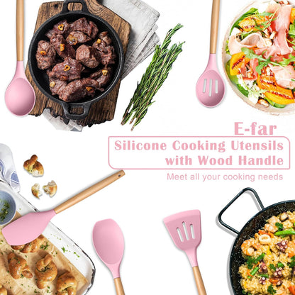E-far Silicone Cooking Utensils Set, 5-Piece Kitchen Utensils Set with Wooden Handle for Cooking, Silicone Kitchen Nonstick Tools Spatula Turner Slotted Spoons, Nontoxic & Heat Resistant-Khaki