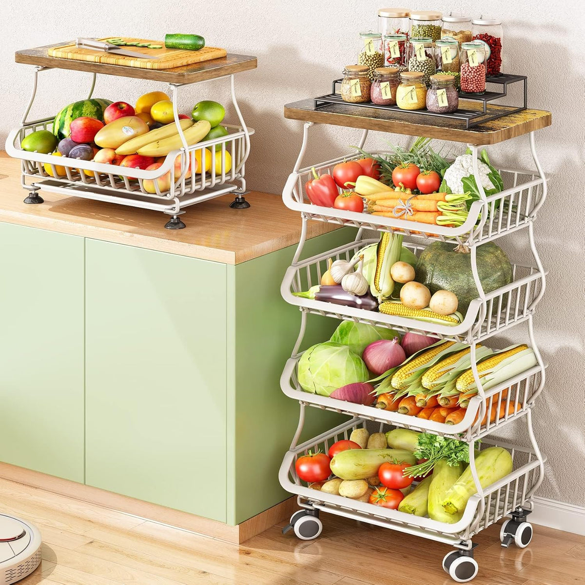 SAYZH Fruit Basket Kitchen Pantry Organizers and Storage - Wooden Top Table, Stackable Metal Wire Basket Stand Cart for Fruit Vegetable Snacks Onion Potato Organization (Black, 5 Tiers)