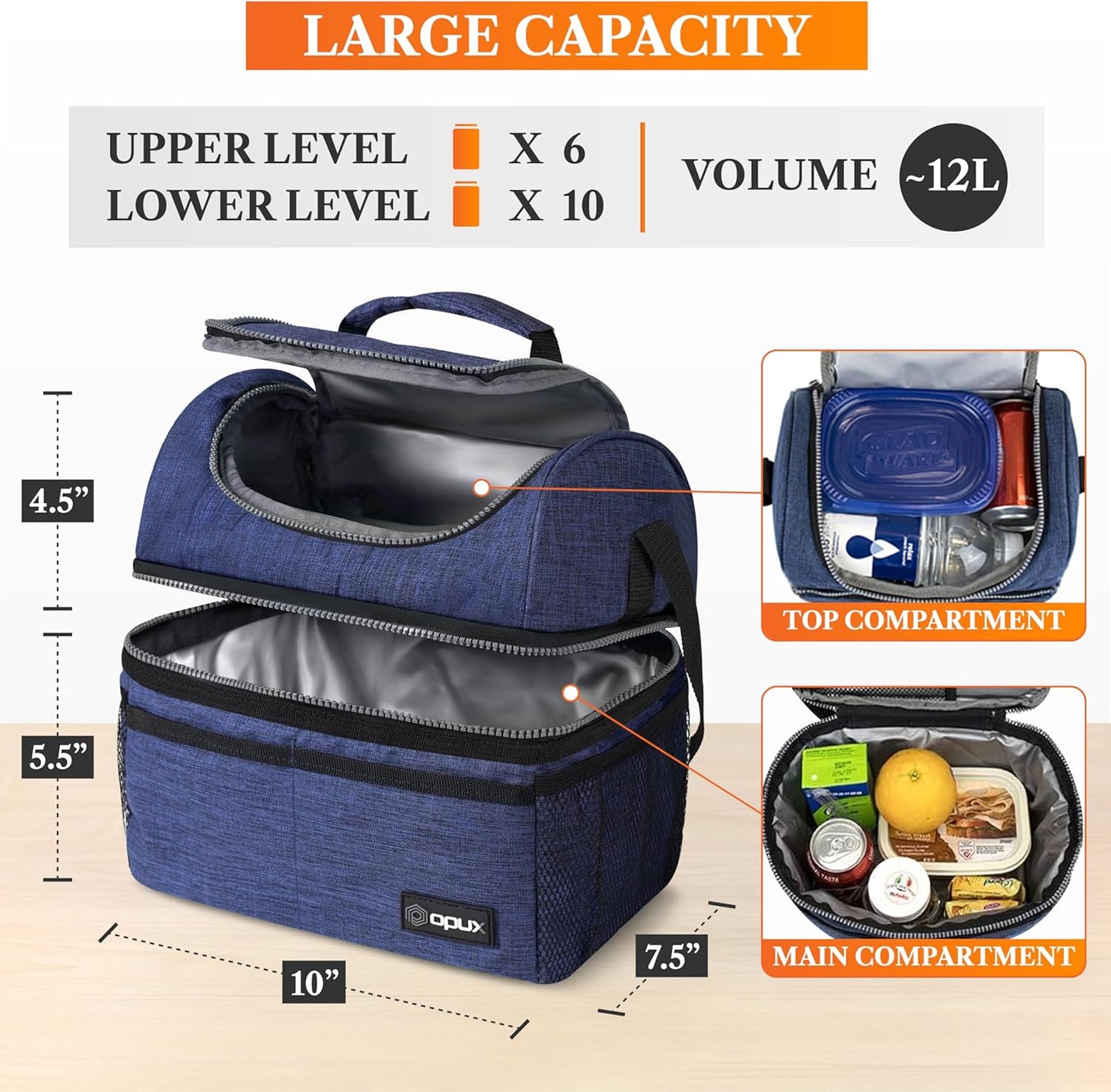 opux Insulated Lunch Bag for Men Women, Double Decker Leakproof Lunch Box Cooler Tote with Shoulder Strap, Large Lunchbox for Work School Travel Meal Prep, Adults Kids Boys Girls, Green, 16 Cans