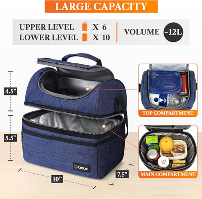 opux Insulated Lunch Bag for Men Women, Double Decker Leakproof Lunch Box Cooler Tote with Shoulder Strap, Large Lunchbox for Work School Travel Meal Prep, Adults Kids Boys Girls, Green, 16 Cans