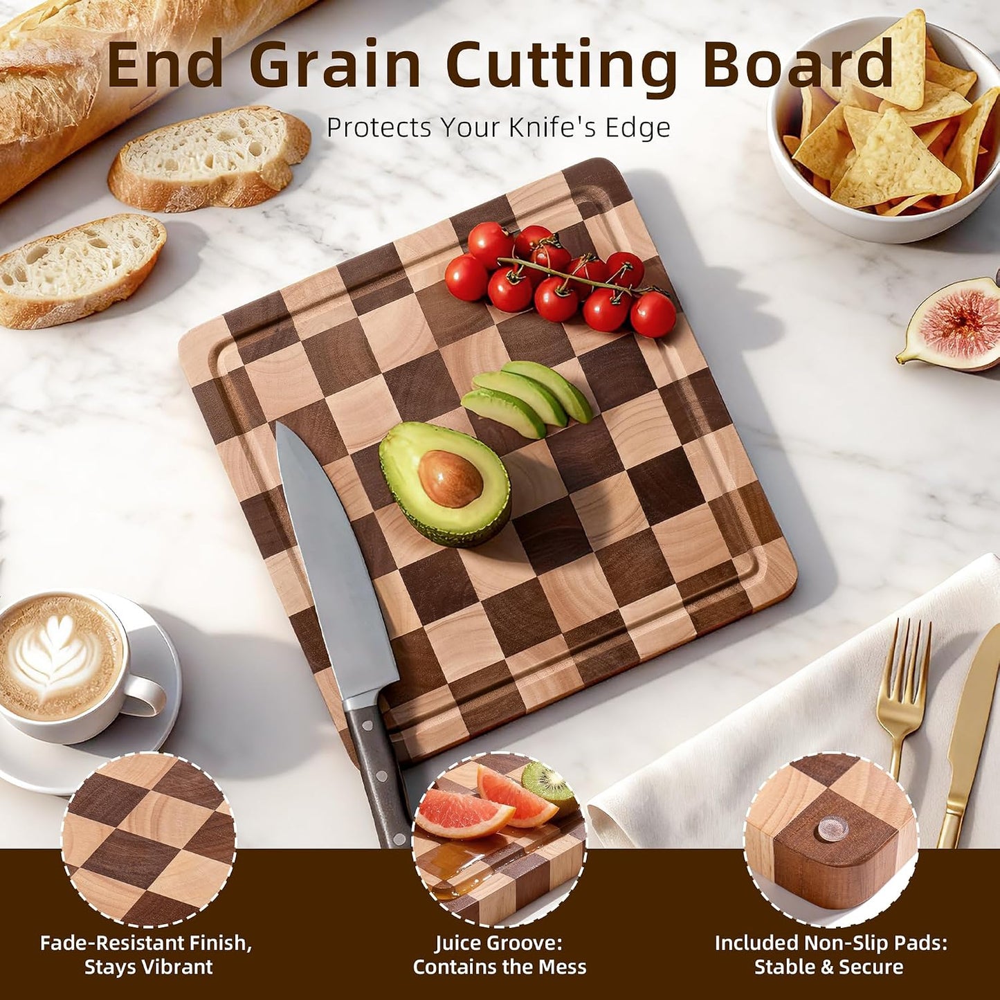 Checkered Cutting Board Set for Kitchen - 3 PCS Solid Wood End Grain Checkerboard Chopping Board with Holder & Juice Groove, Wooden Cutting Boards for Meat, Vegetables, Fruits (S, M, L)