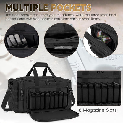Tactical Pistol Range Bag, Gun Range Bag for Handguns, Shooting Duffle Range Pistol Bag with 6X Magazine Slots, Extra Pockets for Ammo and Essentials