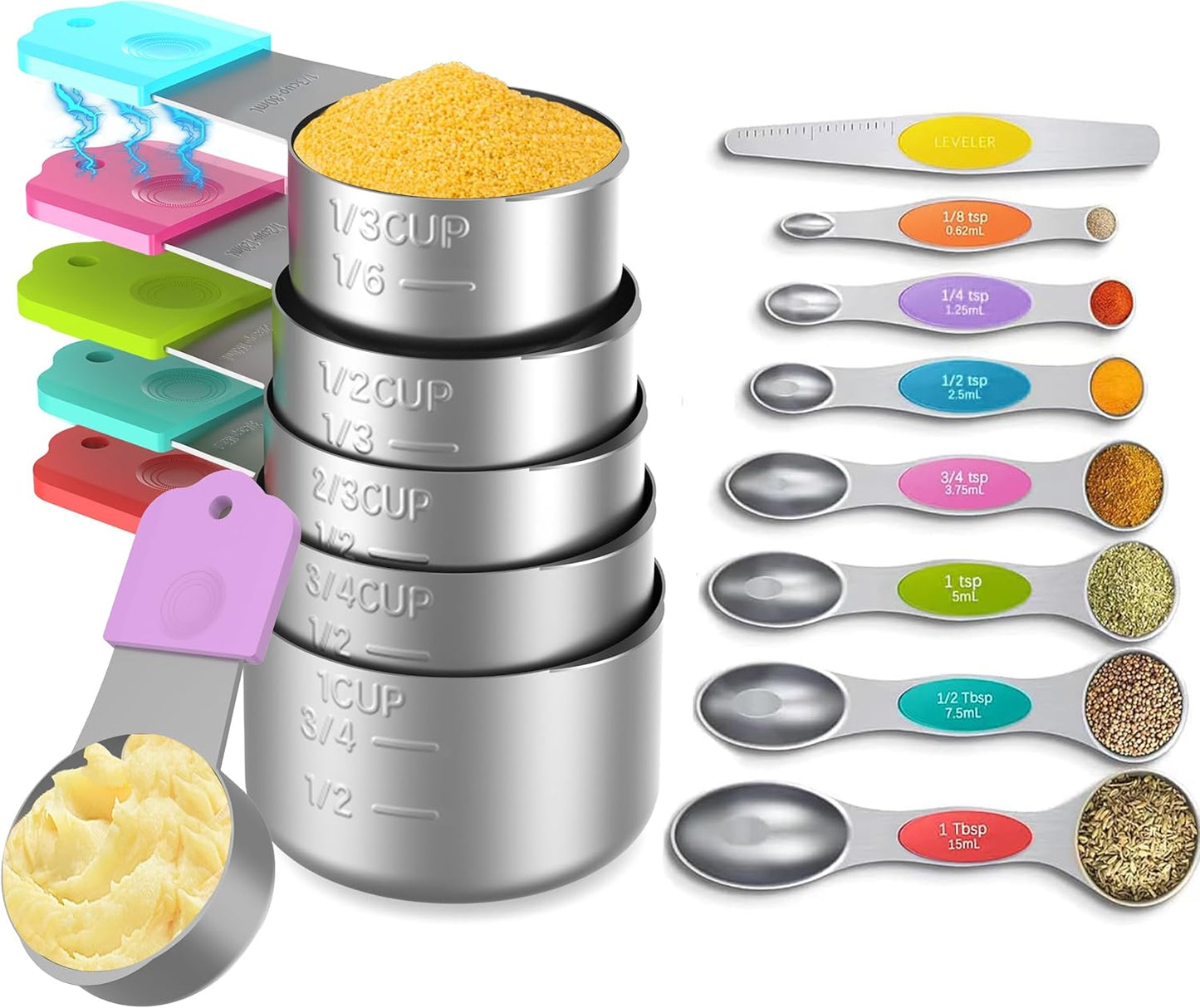 Magnetic Measuring Cups and Spoons Set, 5 Nesting Stainless Steel Measuring Cup Set with Easy to Read Markings, 7 Magnetic Measuring Spoons & 1 Leveler for Measuring Dry or Liquid Ingredients
