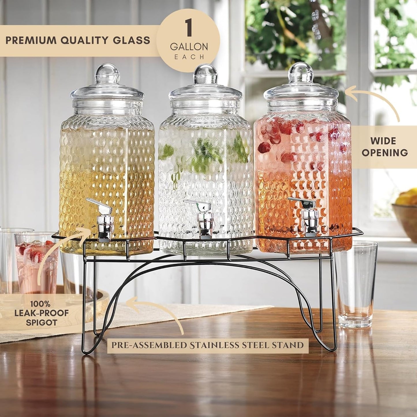 2 PACK 1.5 Gallon Drink dispenser, Glass Beverage Dispenser With Elegant Stand Stand, Drink Dispensers for Parties With Spigot 100% Leakproof. Perfect For Parties And Daily Use