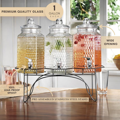 2 PACK 1.5 Gallon Drink dispenser, Glass Beverage Dispenser With Elegant Stand Stand, Drink Dispensers for Parties With Spigot 100% Leakproof. Perfect For Parties And Daily Use